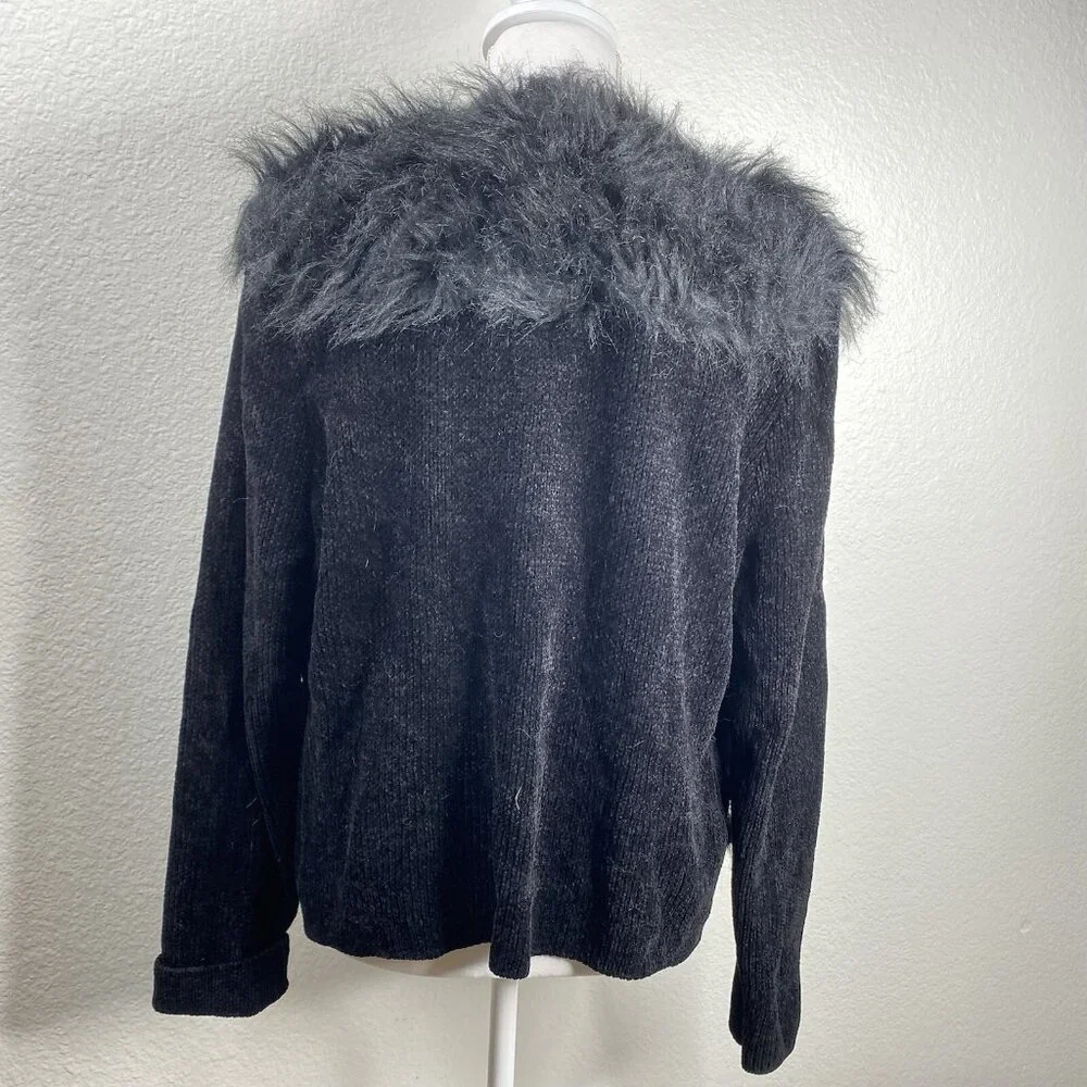 Lisa International Blazer Coat Women's Black Sz XL Faux Fur Trim Mob Wife VTG - Picture 3 of 12